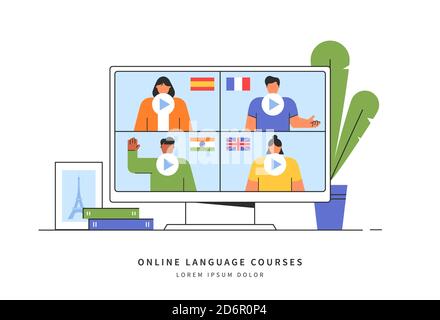 E-learning of the foreign languages. Distance online education concept. Teachers from different countries give lessons on the website. Vector. Stock Vector