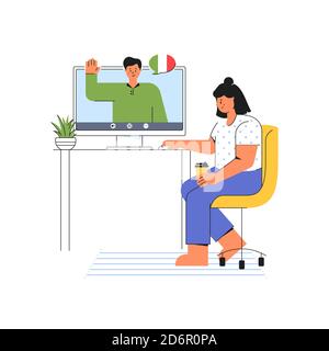 E-learning at home. Young woman listens to the teacher of Italian language. Online course on the website. Distance education concept. Vector. Stock Vector