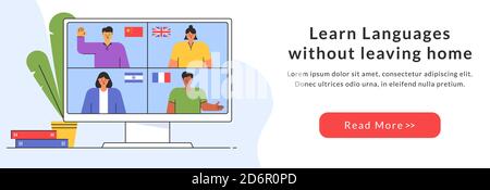 E-learning of the foreign languages. Distance online education web-banner. Teachers from different countries give lessons on the website. Vector. Stock Vector