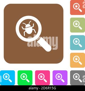 Bug tracking flat icons on rounded square vivid color backgrounds. Stock Vector