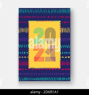 Abstract modern cover design colorful neon zigzag background with  2021 happy new year, 2021 numbers in thin lines striped style, vector illustration Stock Vector