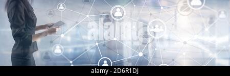 Background conceptual image with social connection lines on panoramic fone. Stock Photo