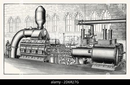 An old engraving showing a Worthington duplex waterworks pumping engine, Newark, New Jersey, USA c.1870. It is from a Victorian mechanical engineering book of the 1880s. Henry Rossiter Worthington (1817–1880) was an American mechanical engineer, inventor and industrialist. He patented the duplex steam pump in 1859 and built the first duplex waterworks engine, widely adopted and used for more than 75 years. Because of their reliability and low operating cost, these pumps were greatly used for waterworks and for pumping oil through long pipe lines. Stock Photo