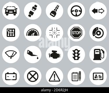 Driving School Icons Black & White Flat Design Circle Set Big Stock Vector