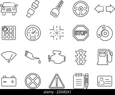 Driving School Icons Black & White Thin Line Set Big Stock Vector