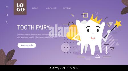 tooth fairy cute personage with magic wand oral dental hygiene concept copy space horizontal vector illustration Stock Vector