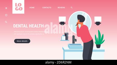 man looking to mirror brushing teeth with toothbrush in bathroom health care dental hygiene concept rear view horizontal copy space vector illustration Stock Vector