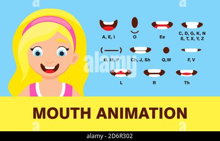 Girl mouth animation with different expressions in flat style vector illustration set. Stock Vector