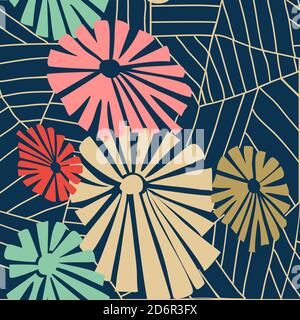 Seamless floral pattern from exotic jungle plants. Floral organic background. Creative abstract collage with Tropical Leaves and flowers. Hand drawn. Stock Vector