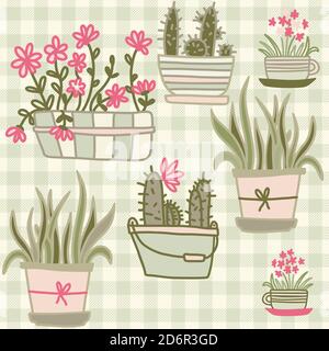 Seamless pattern from flower pots. Provence style. Vector of doodle flowers Stock Vector