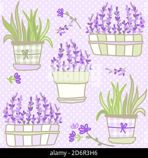 Seamless pattern from flower pots. Provence style. Vector of lavander flowers. Stock Vector