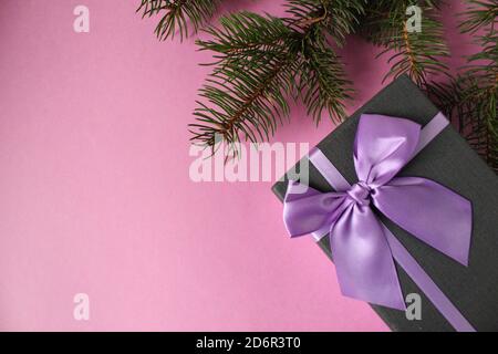 new year's Christmas holiday background a branch of spruce pine trees and a festive box black with purple purple ribbon and bow on a pink light backgr Stock Photo