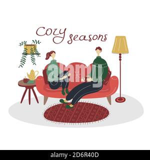Happy cute couple sit on sofa in living room. Romantic man and woman enjoy weekend. Two people in cozy home. Family hygge concept. Flat illustration Stock Vector