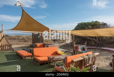 Beach bar at beach los lances reserve, Tarifa, Costa de la luz, Andalucia, Spain. Stock Photo