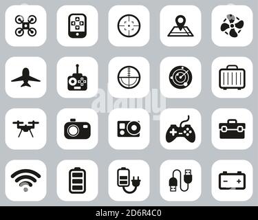 Drone Or Quadcopter Icons Black & White Flat Design Set Big Stock Vector