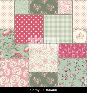 Collection of Retro seamless patterns from the 50s and 60s. Seamless Vintage pattern in flowers, polka dots, checkered  in folk style. Vector. Stock Vector