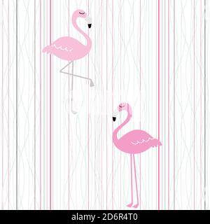 Seamless Vintage Striped pattern with pink flamingo. Abstract tropical illustration. Vector Stock Vector