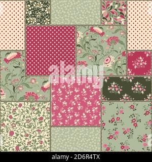 Collection of Retro seamless patterns from the 50s and 60s. Seamless Vintage pattern in flowers, polka dots, checkered  in folk style. Vector. Stock Vector