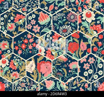 Seamless abstract colorful patchwork pattern from flowers in folk style. Vintage decorative elements. Hand drawn background in retro colors. Vector Stock Vector