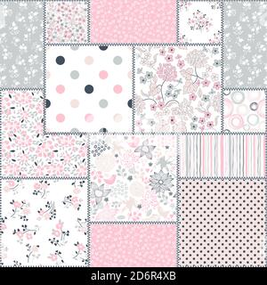 Collection of Retro seamless patterns from the 50s and 60s. Seamless Vintage pattern in flowers, polka dots, checkered  in folk style. Vector. Stock Vector