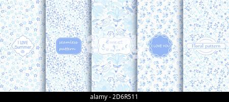 Collection of Retro seamless patterns from the 50s and 60s. Seamless floral pattern in light blue and white. Vector illustration. Stock Vector