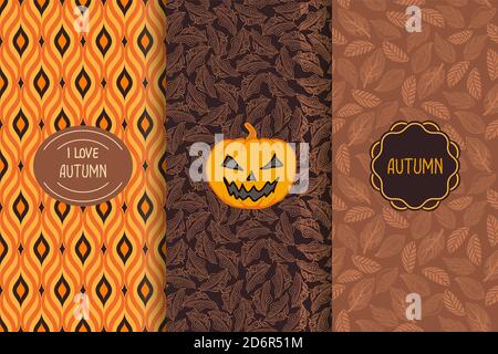 Set of Autumn seamless patterns. Floral background with Pumpkin and frames. Doodles. Hand drawn vector illustration. Stock Vector