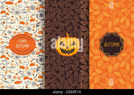 Set of Autumn seamless patterns. Floral background with Pumpkin and frames. Doodles. Hand drawn vector illustration. Stock Vector