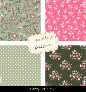 Collection of Retro seamless patterns from the 50s and 60s. Seamless Vintage pattern in flowers, polka dots, checkered  in folk style. Vector. Stock Vector
