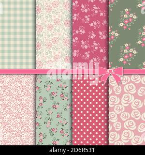 Collection of Retro seamless patterns from the 50s and 60s. Seamless Vintage pattern in flowers, polka dots, checkered  in folk style. Vector. Stock Vector