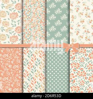 Collection of Retro seamless patterns from the 50s and 60s. Seamless Vintage pattern in flowers, polka dots, checkered  in folk style. Vector. Stock Vector