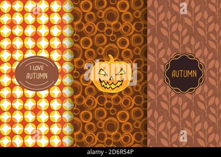 Set of Autumn seamless patterns. Floral background with Pumpkin and frames. Doodles. Hand drawn vector illustration. Stock Vector