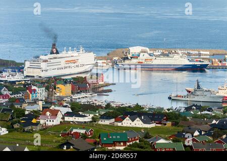 Ferry in the harbour of Torshavn (Thorshavn) the capital of the Faroe Islands on the island of Streymoy in the North Atlantic, Denmark, Northern Europ Stock Photo