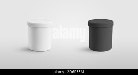 Mockup of a white and black plastic jar with a ribbed lid, isolated on background with shadows, for design presentation and advertising in a pharmacy. Stock Photo