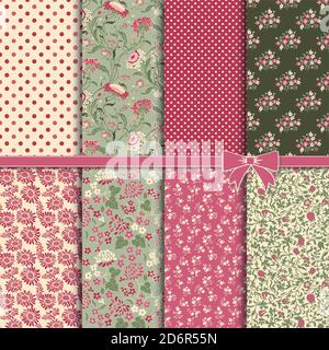 Collection of Retro seamless patterns from the 50s and 60s. Seamless Vintage pattern in flowers, polka dots, checkered  in folk style. Vector. Stock Vector