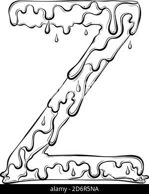 Letter Z with flow drops and goo splash. Dripping liquid symbol. Vector trendy font made in hand drawn line art style isolated on white background. Slime logo or initial letter. Stock Vector