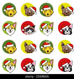 Dogs and cat in christmas santa hat  Stock Vector