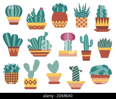 Indoor Cactus and Succulent Set in Flat Design Stock Vector