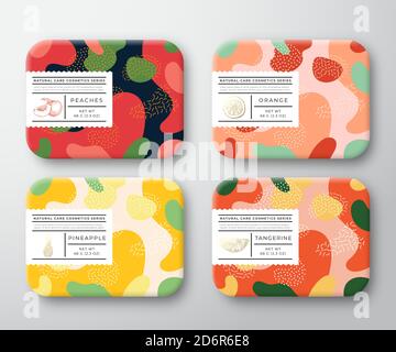 Bath Care Cosmetics Boxes Set. Vector Wrapped Containers Label Cover Collection. Packaging with Hand Drawn Peach, Orange, Tangerine and Pineapple Stock Vector