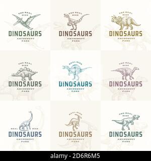 Amusement Park Prehistoric Dinosaurs Abstract Signs, Symbols or Logo Templates Collection. Hand Drawn Ancient Reptiles with Retro Typography Labels Stock Vector