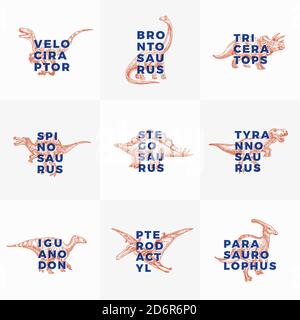 Prehistoric Dinosaurs Abstract Signs, Symbols or Logo Templates Collection. Hand Drawn Ancient Reptiles with Modern Typography Labels Set. Vector T Stock Vector
