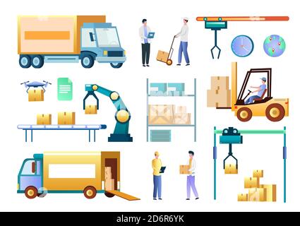 Isometric warehouse workers and equipment, vector isolated illustration. Logistic warehouse services, delivery. Stock Vector