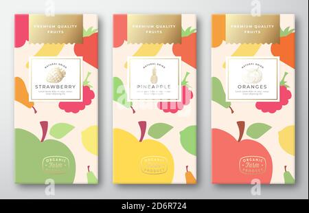 Dried Fruits Label Packaging Design Layout Collection. Vector Paper Box with Fruit and Berries Pattern Background Cover. Modern Typography and Hand Stock Vector