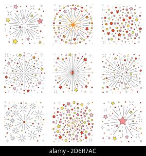 Fireworks and Firecrackers Icon Set in Line Art Stock Vector
