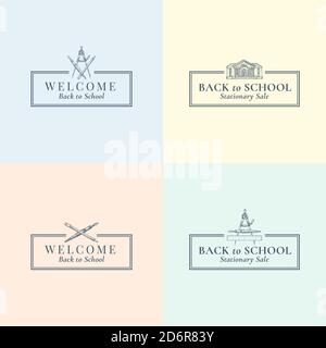 Back to School Stationary Vector Signs, Symbols or Logo Templates Set. School Building, Pen, Compass and Pencil Sketches with Retro Typography and Stock Vector