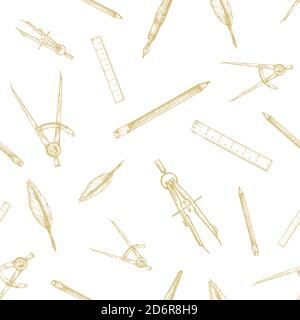Stationary Vector Seamless Background Pattern. Hand Drawn Compass, Pencil, Ruler and Feather Pen Sketches. School Staff Card, Wrapping, Wallpaper or Stock Vector