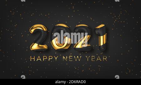 Inscription 2021 Happy new year background in realistic style on black background. Vector illustration. Stock Vector
