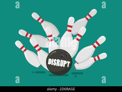 Disrupt bowling ball breaks bowling pins. Business disruption concept. Vector illustration Stock Vector