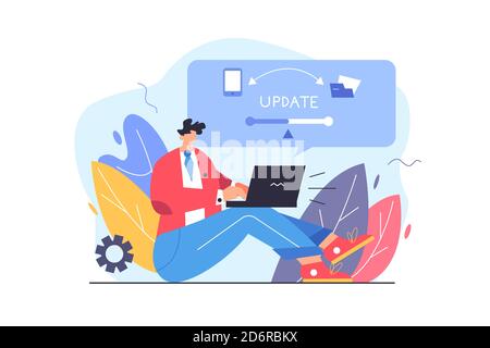 The guy updates the application on the laptop Stock Vector
