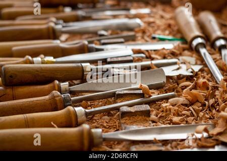 Carpenter wood carving equipment. Woodworking, craftsmanship and handwork concept Stock Photo