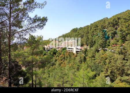 Aerial view of Pano Platres village, winter resort, on Troodos mountains in Cyprus. Stock Photo